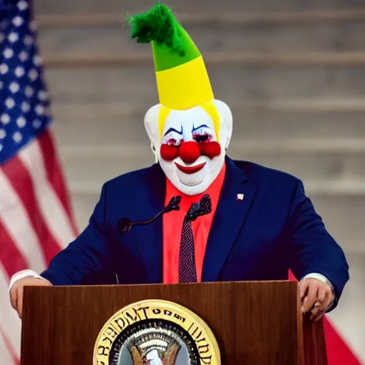 Image similar to photo of a president with clown face giving a speech in television