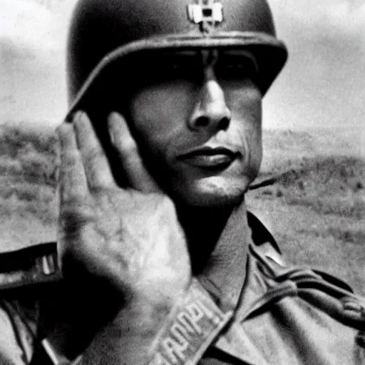 Prompt: Dwayne Johnson as a soldier during World War II, analog photo, black and white