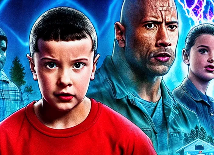 Image similar to film still of dwayne the rock johnson in the new stranger things movie, 4 k, highly detailed face, detailed eyes