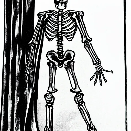 Prompt: a 80's drawing of a skeleton in black cloak