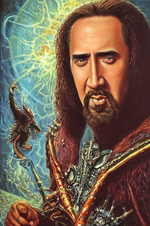 Image similar to Nicolas Cage as wizard, fantasy, intricate, highly detailed, illustration by ken kelly