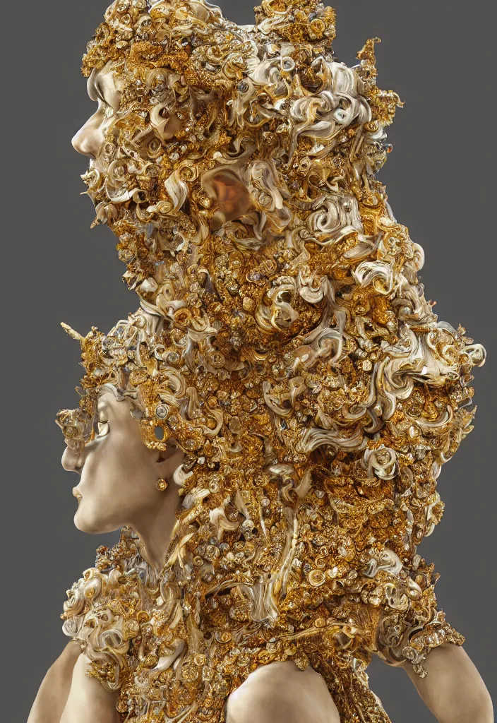 Image similar to sculpture made of crystal and gold in rococo style, portrait, queen, fashion ,future, Harpers Bazaar, Vogue magazine, insanely detailed, and_intricate ,concept art, close up