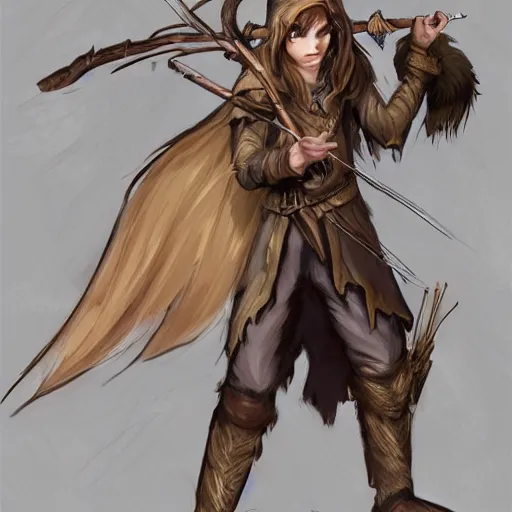 Image similar to D&D character concept art of a wood elf, sly archer, brown skin color with short three banches and a fluffy coat, fighting pose of a archer shooting, natural clothes blending in, full body pose, soft colors, fantasy, intricate, elegant, highly detailed, digital painting, artstation, concept art, smooth, sharp focus, illustration, wide angle shot, full body visible, art by artgerm and H R Giger and alphonse mucha