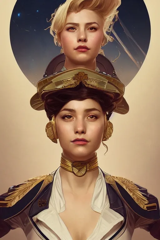 Prompt: beautiful portrait of a female officer wearing a fancy naval uniform, art by artgerm, wlop, greg rutkowski, alphonse mucha, science fiction, intricate detail, blonde hair, space background, trending on artstation, sharp focus, illustration, caustics, octane render, radiant light, 4 k