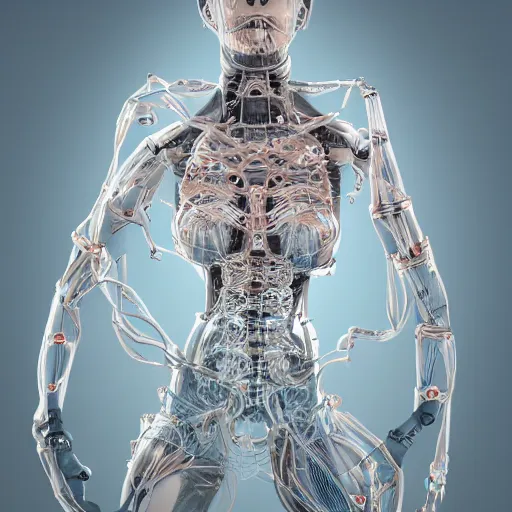 Image similar to photographic stil of beautiful model, a human robot woman, beautiful artificial biomecanic body with artificial bones and artificial flesh, cables, tubes, westworld style, medium - shot, insanely detailed, photorealistic, beautiful soft light, octane render, by annie leibowtiz
