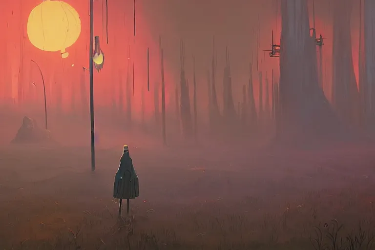 Prompt: a wizard cultist standing in the distance by simon stalenhag,