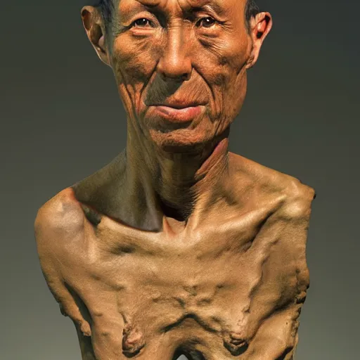 Image similar to hyperrealistic sculpture of a fossilized bronze chinese prisoner by ron mueck and duane hanson and lee bontecou and elizabeth frink, patina, hyperrealistic dramatic colored lighting trending on artstation 8 k