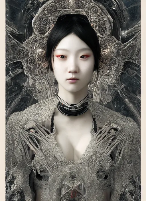 Prompt: portrait of a sensual cybernetic korean goth girl, inagi, modern fine art, fractal, intricate ornaments, elegant, highly detailed, digital photography, subsurface scattering, by jheronimus bosch and greg rutkowski,