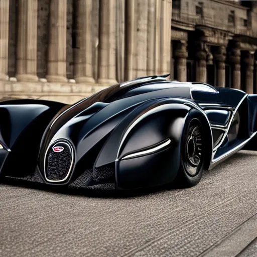 Image similar to Batmobile designed by Bugatti, full image, Batmobile, promotional photo Batmobile