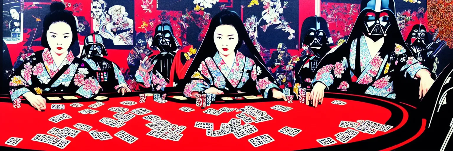 Image similar to hyperrealism composition of the detailed woman in a japanese kimono sitting at an extremely detailed poker table with darth vader, terminator, fireworks on the background, pop - art style, jacky tsai style, andy warhol style, acrylic on canvas