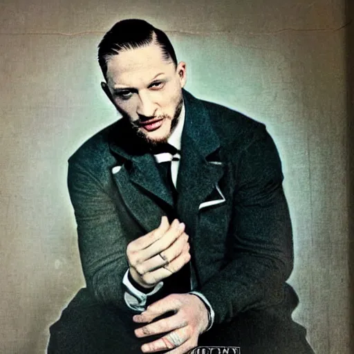 Prompt: “Tom Hardy portrait, color vintage magazine illustration 1950”