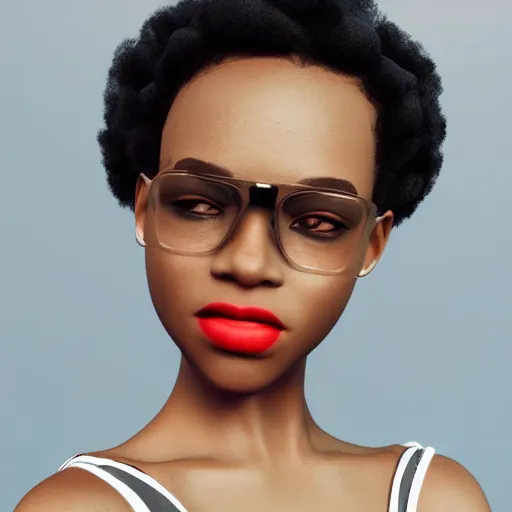 Prompt: young, super cute funky black girl, afro, off the shoulder shirt, sultry look, soulful, pouty lips, adorable, disney, real life, octane render, 8 k, volumetric lights, rim light, character details, 3 d, award winning, model, beautiful, gorgeous