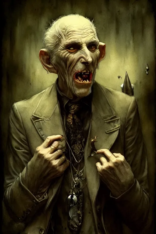 Prompt: old male vampire | esoteric symbolism | jean - baptiste monge, esao andrews, bastien lecouffe - deharme, tim jacobus, ken currie | ultra - detailed realism, soft cinematic lighting, hi - fructose, artstation, high - quality, ink watercolors wes anderson poster art