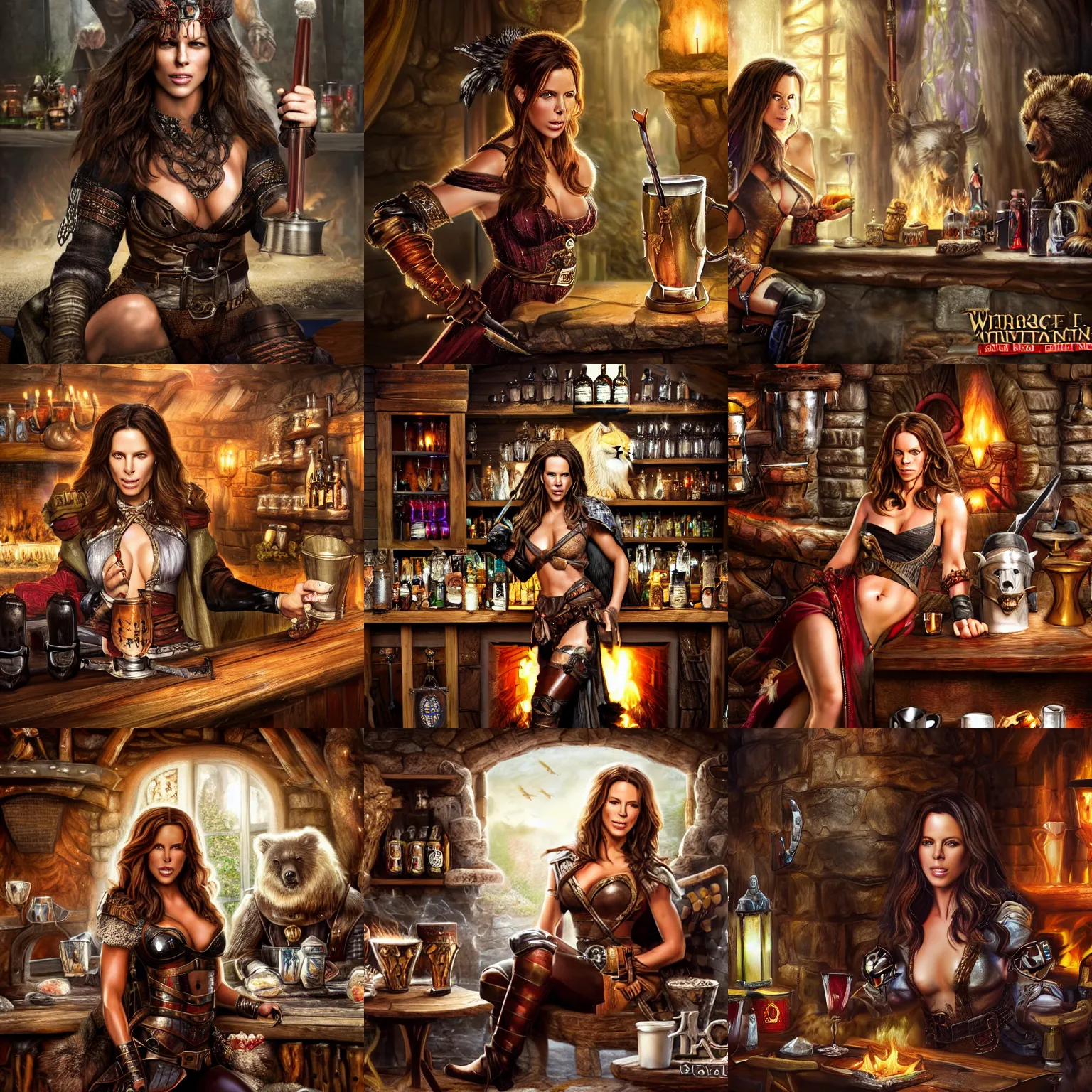 Prompt: kate beckinsale as warrior, sit in fantasy tavern near fireplace, behind bar deck with bear mugs, medieval dnd, colorfull digital fantasy art, 4k