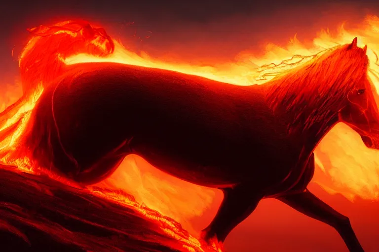 Image similar to a stunning digital painting of a horse made of lava with a mane and tail made of fire by greg rutkowski, volumetric light, digital art, fine detail, photorealistic