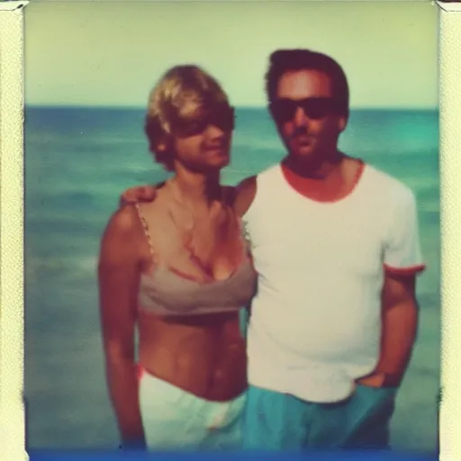 Image similar to found polaroid of my parents at beach, who look exactly like Taylor Swift and Nicolas Cage