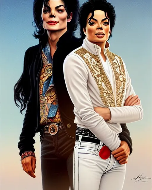 Prompt: Portrait of Michael Jackson & Michael Mcintyre in Ibiza,real life skin, intricate, elegant, highly detailed, artstation, concept art, smooth, sharp focus, art by artgerm and greg rutkowski and alphonse mucha