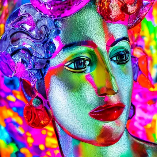 Prompt: photograph of a glass sculpture of a woman's face, colourful background