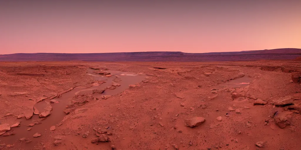 Prompt: a ground - level view of a river bend running through a canyon surrounded by desert mountains at sunset on mars, purple sky, two moons, planet mars, moab, utah, a tilt shift photo by frederic church, trending on unsplash, hudson river school, photo taken with provia, national geographic photo