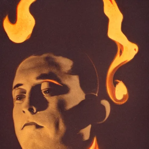 Prompt: a vintage photograph of a man with their head on fire. in the style of frank cho and casey baugh