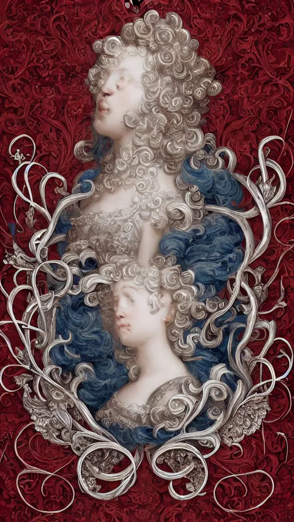 Image similar to Rococo + Scrollwork + Full of silver layers + Symmetrical Portrait + Visually Striking amber vines + Single Face + smoke + Trending on Artstation + Incredible Blue White and Red french illustration + Exquisite detail