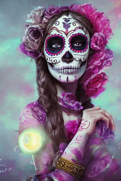 Prompt: illustration of a sugar skull day of the dead girl, art by jessica rossier