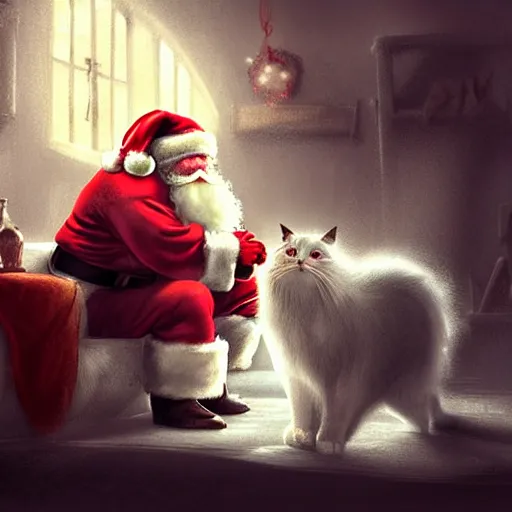 Prompt: depressed muscular santa claus kissing a muscular white fluffy cat in his workshop crying. dimly lit. dark. 4 k rtx hdr volume light concept studio matte painting environement digital illustration style artstation artur tarnowski, mihai muscan, marcin tomalak, marta leydy,