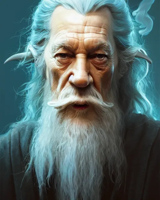 Prompt: portrait of gandalf smoking bong, intricate abstract. intricate artwork, by tooth wu, wlop, beeple, dan mumford. concept art, octane render, trending on artstation, greg rutkowski very coherent symmetrical artwork. cinematic, key art, hyper realism, high detail, octane render, 8 k, iridescent accents