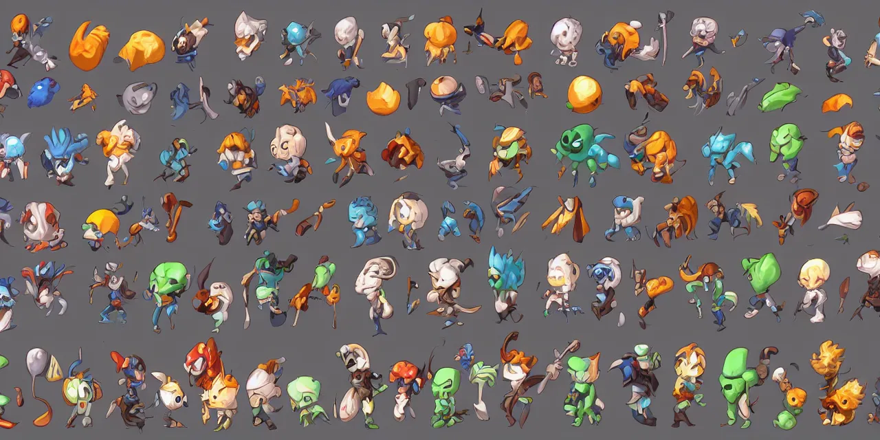 Prompt: game asset sheet, 2 d sprite, chibi monsters and other cute items material study sports theme