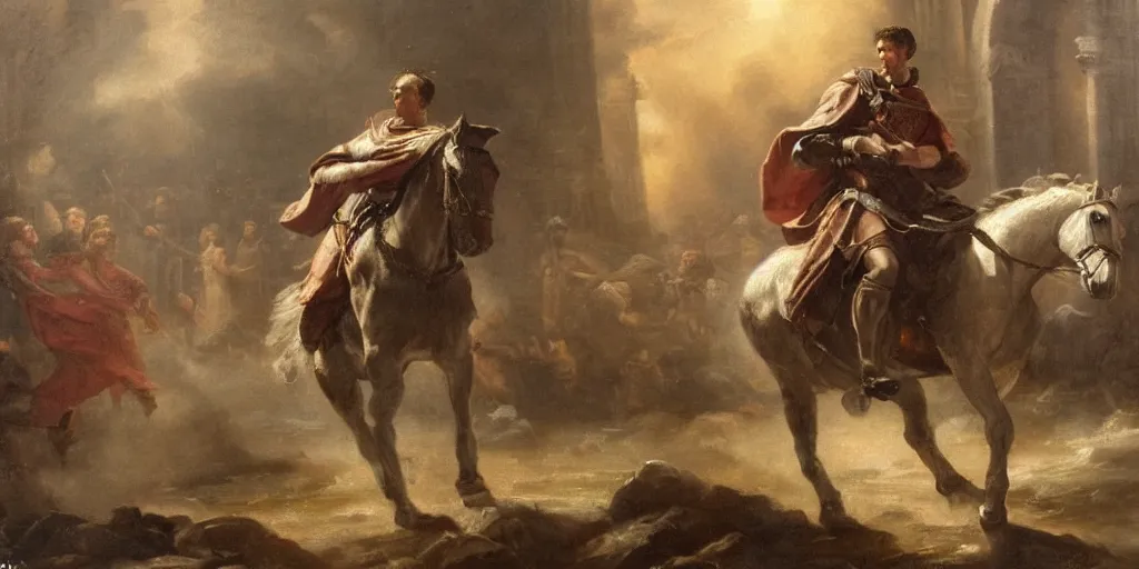 Image similar to Highly detailed and atmospheric Romantic-period oil painting of Julius Caesar riding a horse, dynamic lighting, 8K