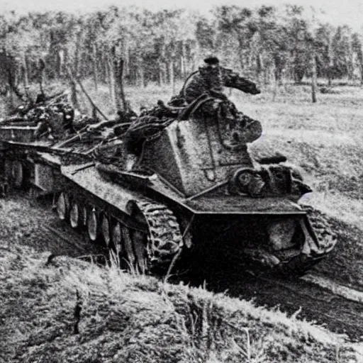 Prompt: a picture of a enormous bear pulling a towed artillery piece behind him like a horse, eastern front, historical picture