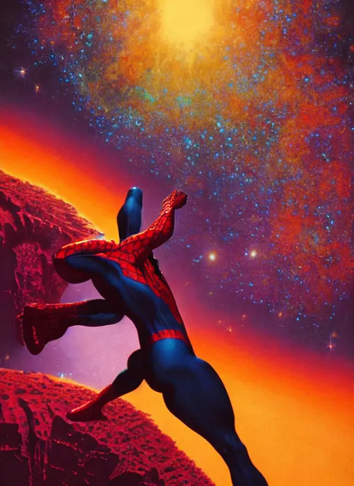 Image similar to cinematic still of Marvel Cosmic Spider-Man by Hiroshi Yoshida, Jean Moebius Giraud, Zdzisław Beksiński, wayne barlowe, Gerald Brom,James Jean. Cosmic Supernova Galaxies, explosion of stars background. beautiful natural volumetric light, rendered in octane, 8k,