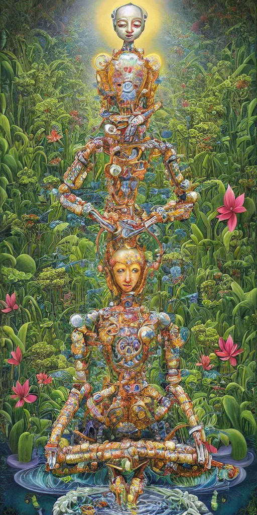 Prompt: a beautiful surrealist painting of a 1 0 0 0 armed quan yin robot standing in the lotus garden in deep contemplation of the infinite by hanna yata, digital art