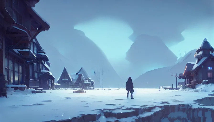 Image similar to highly detailed matte painting of a glistening snowy landscape by atey ghailan, by greg rutkowski, by greg tocchini, by james gilliard, by joe fenton, blue, brown, black and light blue color scheme, octane render
