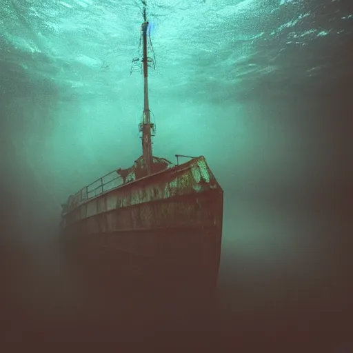 Prompt: a rusty shipwreck in an underwater tunnel, underwater photograph, creepy, eerie, surreal, submechanophobia, scary lighting,