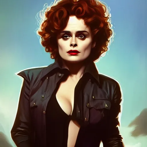 Image similar to Helena Bonham Carter as a Bond girl, artstation, Joe Jusko, concept art, 8k