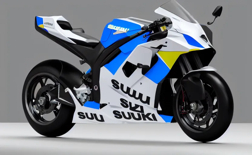 Image similar to suzuki flying prototype, motorbike, superbike, symmetrical mechanical features, designed by polestar, artificial fog, elegant design, aurora lights background, brushed blue paint, black wheel rims, hard surfaces modelling, show room scene, dramatic lighting, hyper realistic rendering, made in solidworks, bokeh effect, 1 5 0 mm, sharp focus, 4 k