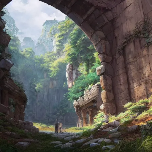 Image similar to concept art painting of an ornate ancient stone archway, in the woods, realistic, detailed, cel shaded, in the style of makoto shinkai and greg rutkowski and james gurney