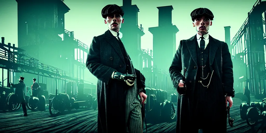 Prompt: Peaky Blinders, in Cyber Punk 2077, reimagined as a cyberpunk dystopia, 4k highly detailed digital art