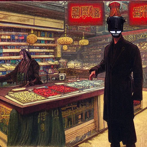 Image similar to byzantine bureaucrat wearing coolie hat and VR goggles with scrolling Chinese Arabic text standing behind counter in Hong Kong market, Dune concept art by Greg Rutkowkski, Brom, and Alphonse Mucha