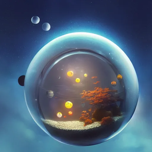 Prompt: a sphere aquarium full of fish inside it. the aquarium is floating in space, in the size of a planet. the moon is in the background. illustration, digital art, realistic, pixar style, by greg rutkowski and ash thorp, vivid colors, detailed, trending on artstation, high quality, cinematic, rule of thirds