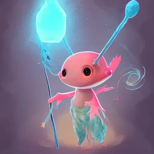 Image similar to a cute axolotl dressed as a wizard, digital art, trending on artstation