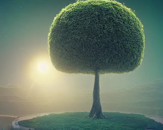 Prompt: The tree of eternal happiness in an otherworldly palace of the dark matter gods, masterpiece, panorama, trending on Artstation by Beeple