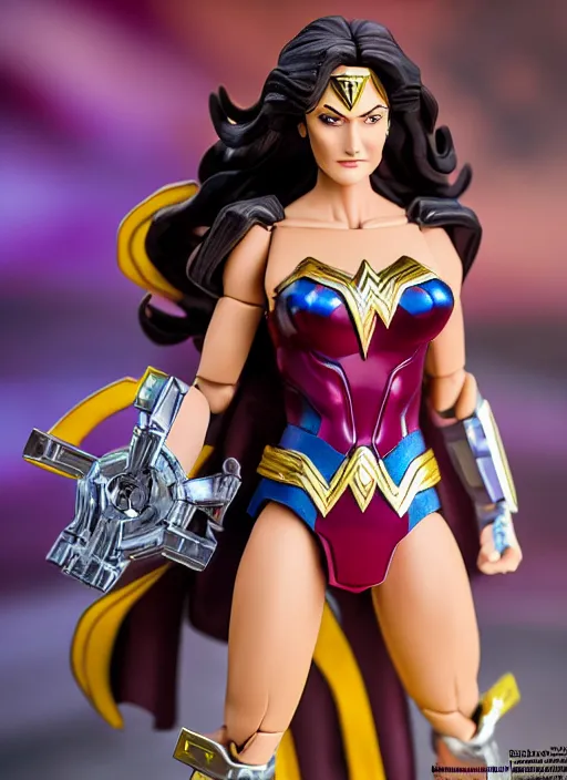 Prompt: transformers decepticon lynda carter's wonder woman action figure from transformers : kingdom, pvc figurine, symmetrical details, gunpla, android, robot girl, by hasbro, takaratomy, tfwiki. net photography, product photography, official media