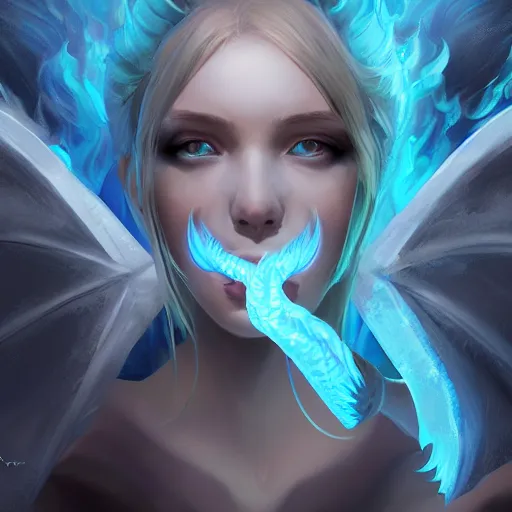 Prompt: An ice dragon breathing blue flames, digital art, artstation, WLOP, CGSociety