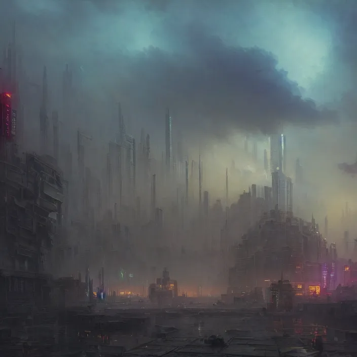 Prompt: a beautiful painting of a cyberpunk city on the wasteland by ivan aivazovsky and greg rutkowski and james gurney and frank lloyd and sung choi, in style of impressionnisme. hyper detailed, sharp focus, soft light. unreal engine 5 lumen. ray tracing. trending on artstation. oil on canvas