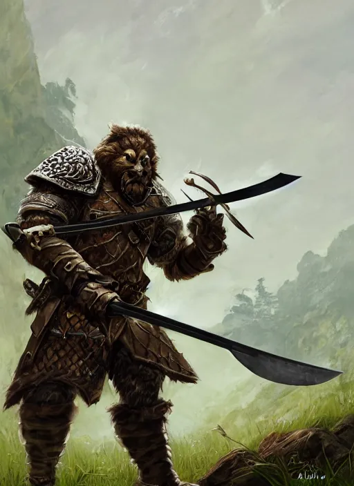 Image similar to strong young man, photorealistic bugbear ranger holding aflaming sword, black beard, dungeons and dragons, pathfinder, roleplaying game art, hunters gear, jeweled ornate leather and steel armour, concept art, character design on white background, by alan lee, norman rockwell, makoto shinkai, kim jung giu, poster art, game art