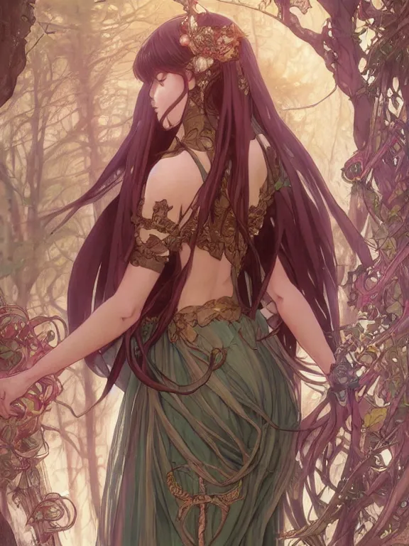 Image similar to anime key visual of amora the enchantress with her back to the camera wearing a medieval gown!! intricate, magical forest, stunning, highly detailed, digital painting, artstation, smooth, hard focus, illustration, art by artgerm and greg rutkowski and alphonse mucha