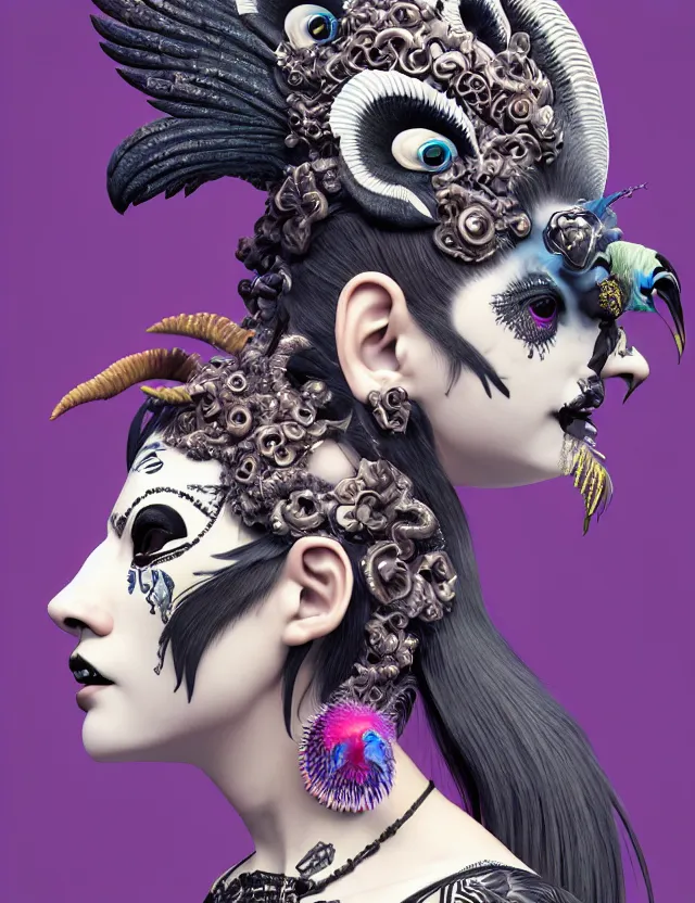 Image similar to 3 d goddess close - up profile portrait punk with mohawk with ram skull. beautiful intricately detailed japanese crow kitsune mask and clasical japanese kimono. betta fish, jellyfish phoenix, bio luminescent, plasma, ice, water, wind, creature, artwork by tooth wu and wlop and beeple and greg rutkowski