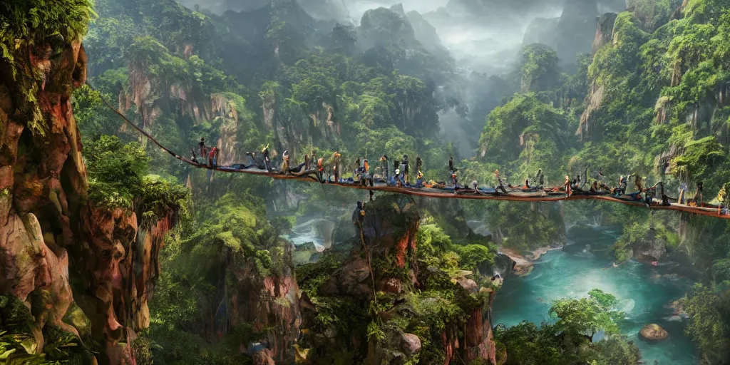 Image similar to wide angle view of colorful clothing fashion models crossing a suspended rope bridge over a deep canyon, mountainous jungle setting, trees, waterfall, river, rocks, dramatic lighting, highly detailed, artstation, unreal engine, matte painting in the style of craig mullins, Uncharted 4, fish eye lens, 8k HDR